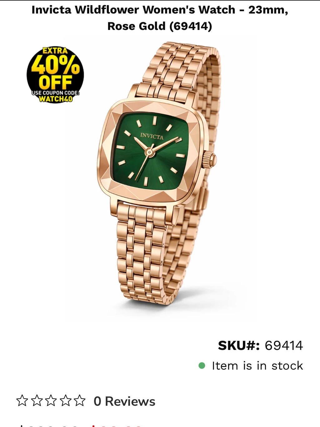 Nib Invicta Rose Gold Watch With Green Dial